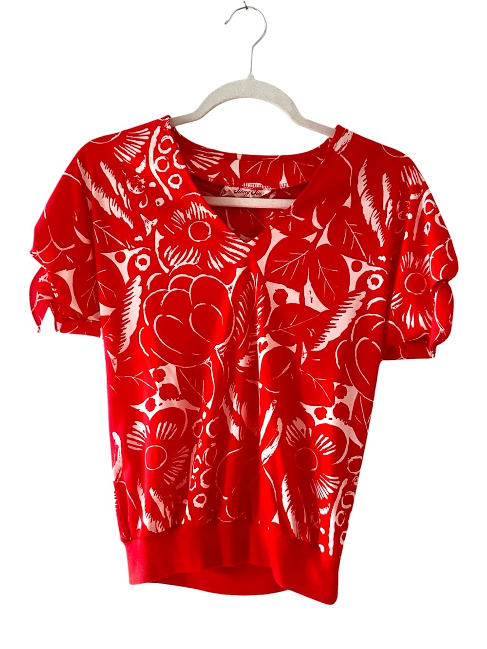 Vintage 1970s abstract floral short-sleeve top with sleeve ties sz Small